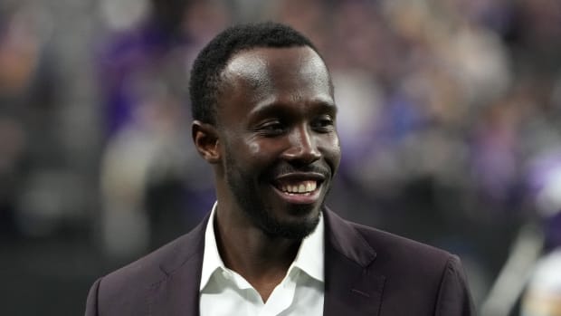 Dec 10, 2023; Paradise, Nevada, USA; Minnesota Vikings general manager Kwesi Adofo-Mensah reacts during the game against the Minnesota Vikings at Allegiant Stadium.